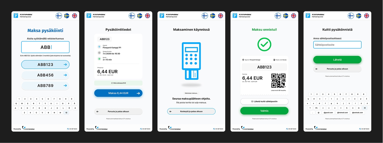 Screens from the Finnpark payment terminal.